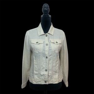 Jones New York Women S Cream 100% Linen Trucker Jacket Off White Button Front